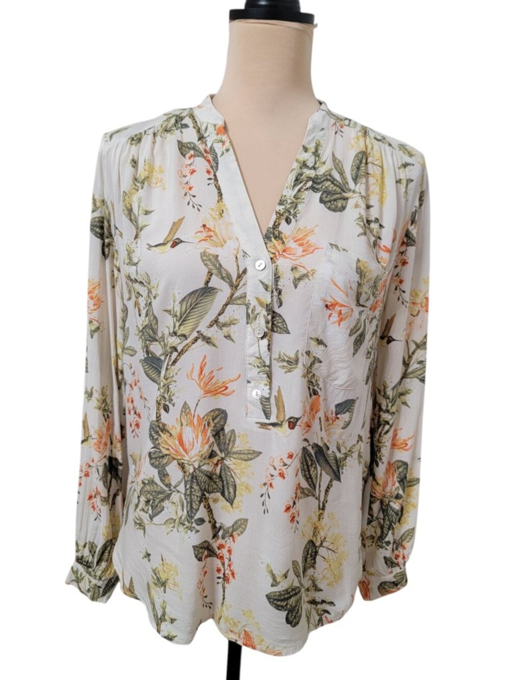 H&M Size 4 Cottagecore Popover Blouse, Cream with Floral / Hummingbird Print